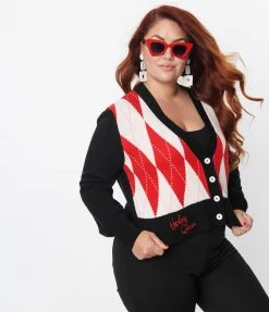 Harley Quinn X Smak Parlour Plus Size Black & Red Argyle XOXO Cardigan