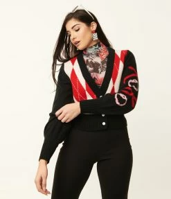 Harley Quinn X Smak Parlour Black & Red Argyle XOXO Cardigan Fan Flair