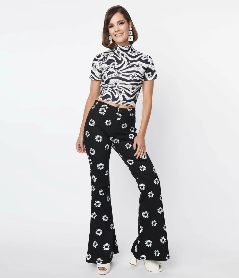 Smak Parlour Black & White Floral Print Into The Groove Flare Jeans Sale