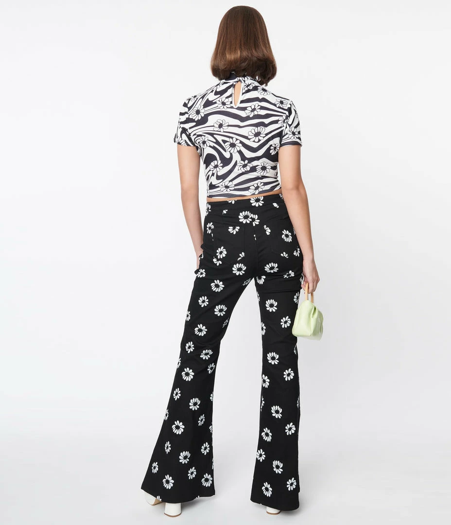 Smak Parlour Black & White Floral Print Into The Groove Flare Jeans Sale