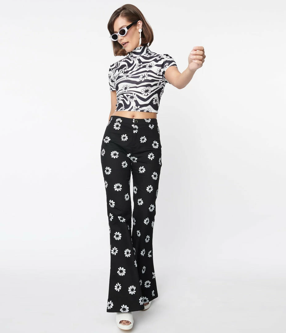 Smak Parlour Black & White Floral Print Into The Groove Flare Jeans Sale