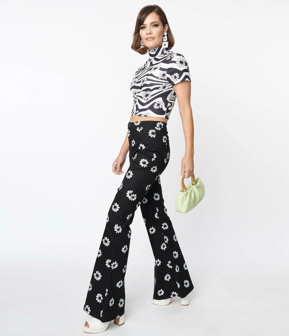 Smak Parlour Black & White Floral Print Into The Groove Flare Jeans Sale