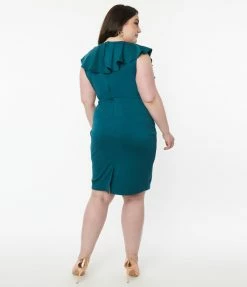 Unique Vintage Plus Size Teal Green V-Neck Ruffle Wiggle Dress