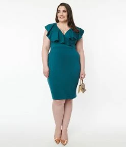 Unique Vintage Plus Size Teal Green V-Neck Ruffle Wiggle Dress
