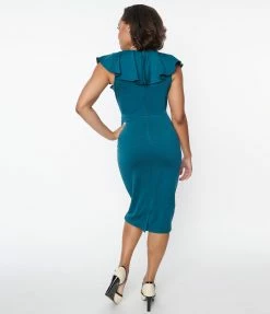 Unique Vintage Teal Green V-Neck Ruffle Wiggle Dress Clothing