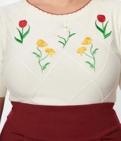 Trending Unique Vintage Plus Size Cream Floral Embroidered Sweater