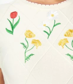 Trending Unique Vintage Cream Floral Embroidered Sweater