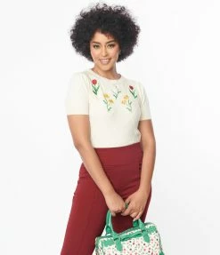 Trending Unique Vintage Cream Floral Embroidered Sweater