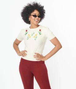 Trending Unique Vintage Cream Floral Embroidered Sweater