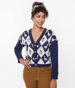 Unique Vintage Navy & Duck Argyle Sweater Cardigan Trending