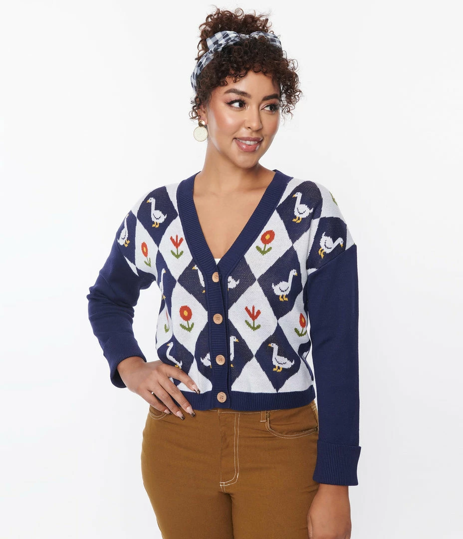 Unique Vintage Navy & Duck Argyle Sweater Cardigan Trending