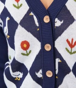 Unique Vintage Navy & Duck Argyle Sweater Cardigan Trending