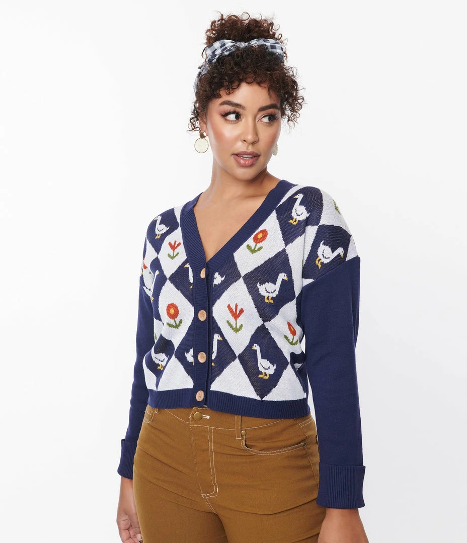 Unique Vintage Navy & Duck Argyle Sweater Cardigan Trending