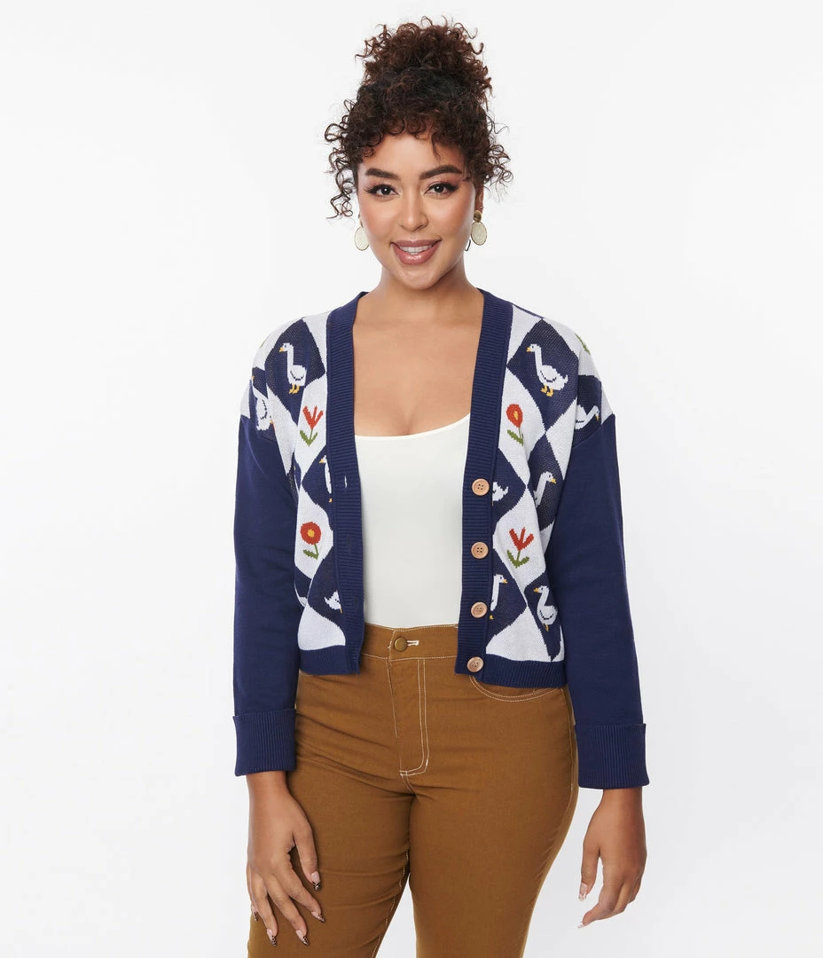 Unique Vintage Navy & Duck Argyle Sweater Cardigan Trending