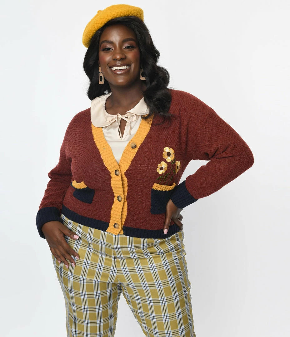 Trending Unique Vintage Plus Size Brown & Mustard Sweater Cardigan