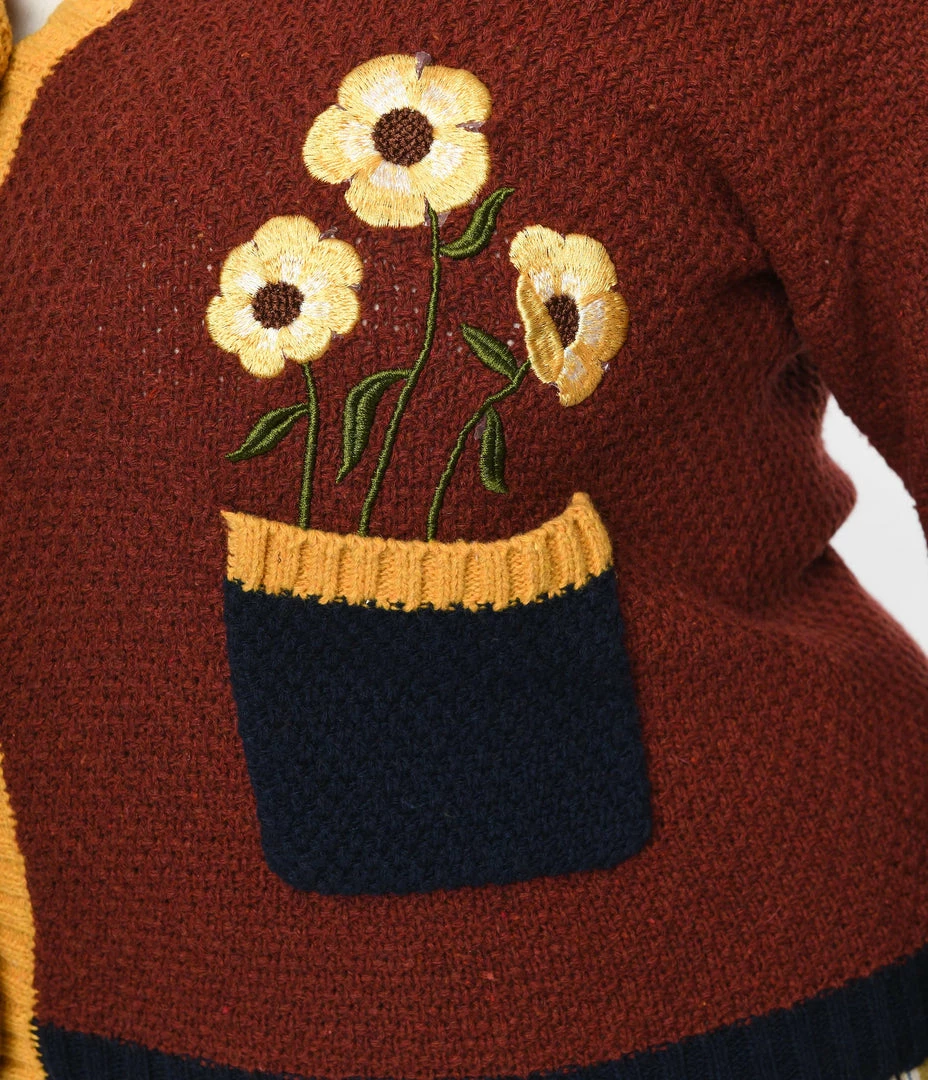 Trending Unique Vintage Plus Size Brown & Mustard Sweater Cardigan