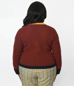 Trending Unique Vintage Plus Size Brown & Mustard Sweater Cardigan