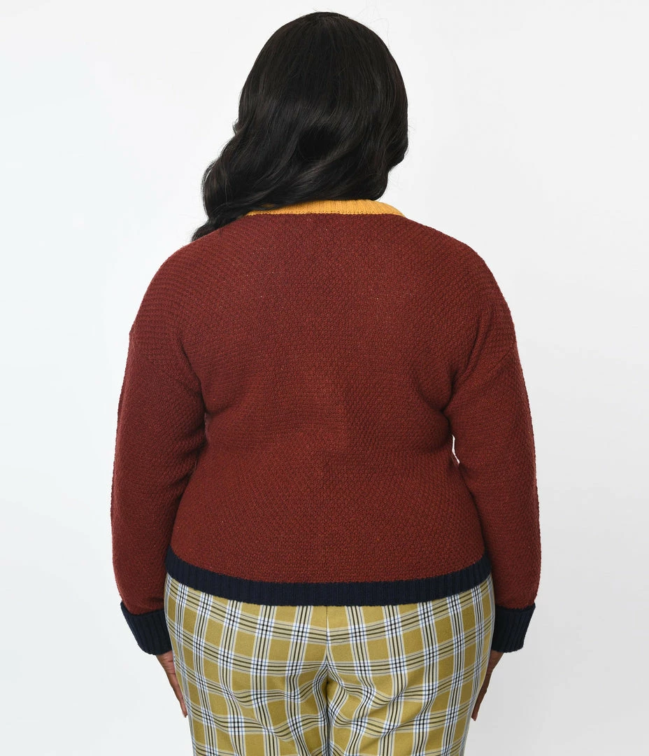 Trending Unique Vintage Plus Size Brown & Mustard Sweater Cardigan