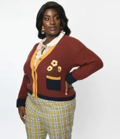Trending Unique Vintage Plus Size Brown & Mustard Sweater Cardigan