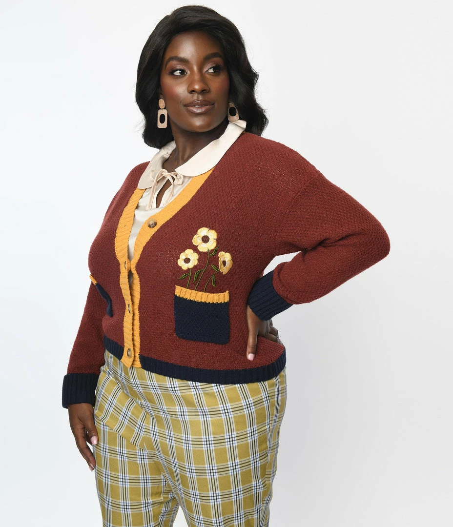 Trending Unique Vintage Plus Size Brown & Mustard Sweater Cardigan