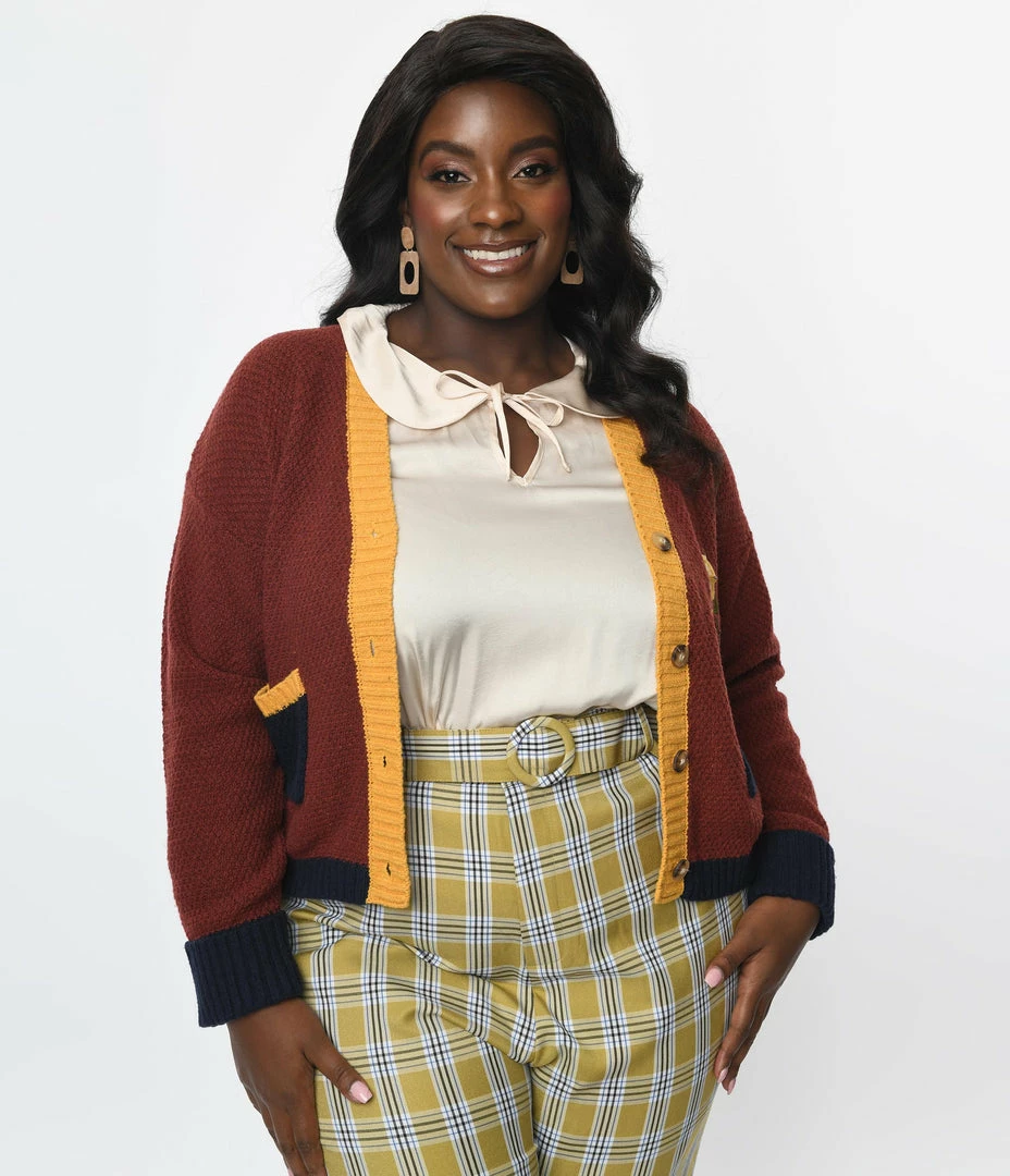 Trending Unique Vintage Plus Size Brown & Mustard Sweater Cardigan