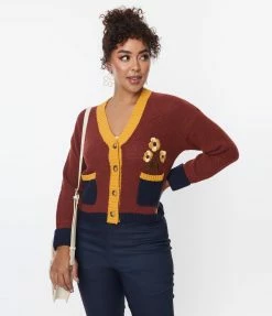 Trending Unique Vintage Brown & Mustard Sweater Cardigan