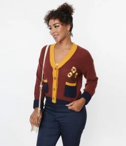 Trending Unique Vintage Brown & Mustard Sweater Cardigan