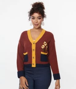 Trending Unique Vintage Brown & Mustard Sweater Cardigan