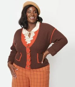 Trending Unique Vintage Plus Size Brown & Rust Scallop Sweater Cardigan