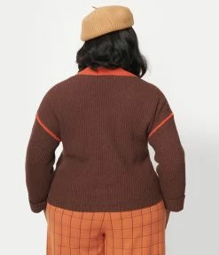 Trending Unique Vintage Plus Size Brown & Rust Scallop Sweater Cardigan