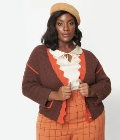 Trending Unique Vintage Plus Size Brown & Rust Scallop Sweater Cardigan