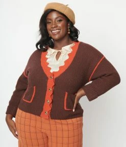 Trending Unique Vintage Plus Size Brown & Rust Scallop Sweater Cardigan