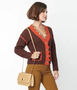 Trending Unique Vintage Brown & Rust Scallop Sweater Cardigan
