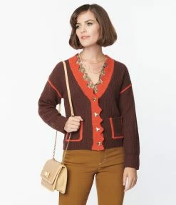 Trending Unique Vintage Brown & Rust Scallop Sweater Cardigan