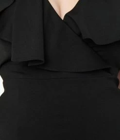 Unique Vintage Plus Size Black V-Neck Ruffle Wiggle Dress