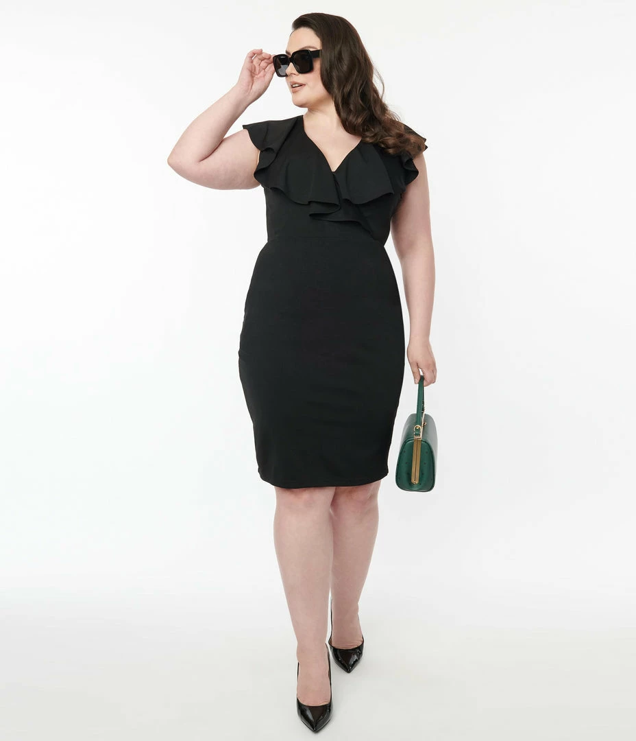 Unique Vintage Plus Size Black V-Neck Ruffle Wiggle Dress
