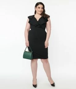Unique Vintage Plus Size Black V-Neck Ruffle Wiggle Dress
