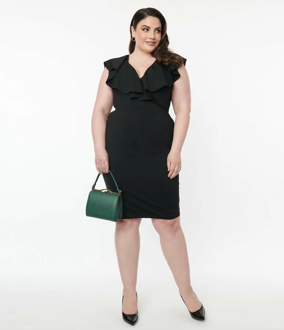 Unique Vintage Plus Size Black V-Neck Ruffle Wiggle Dress