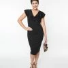 Unique Vintage Black V-Neck Ruffle Wiggle Dress Sale