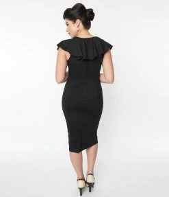 Unique Vintage Black V-Neck Ruffle Wiggle Dress Sale