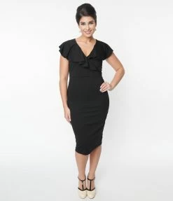 Unique Vintage Black V-Neck Ruffle Wiggle Dress Sale