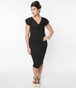 Unique Vintage Black V-Neck Ruffle Wiggle Dress Sale