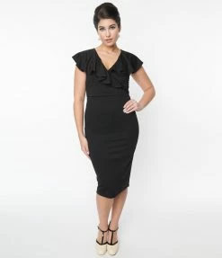 Unique Vintage Black V-Neck Ruffle Wiggle Dress Sale
