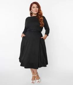 Unique Vintage Plus Size Black Knit Devon Swing Dress Clothing