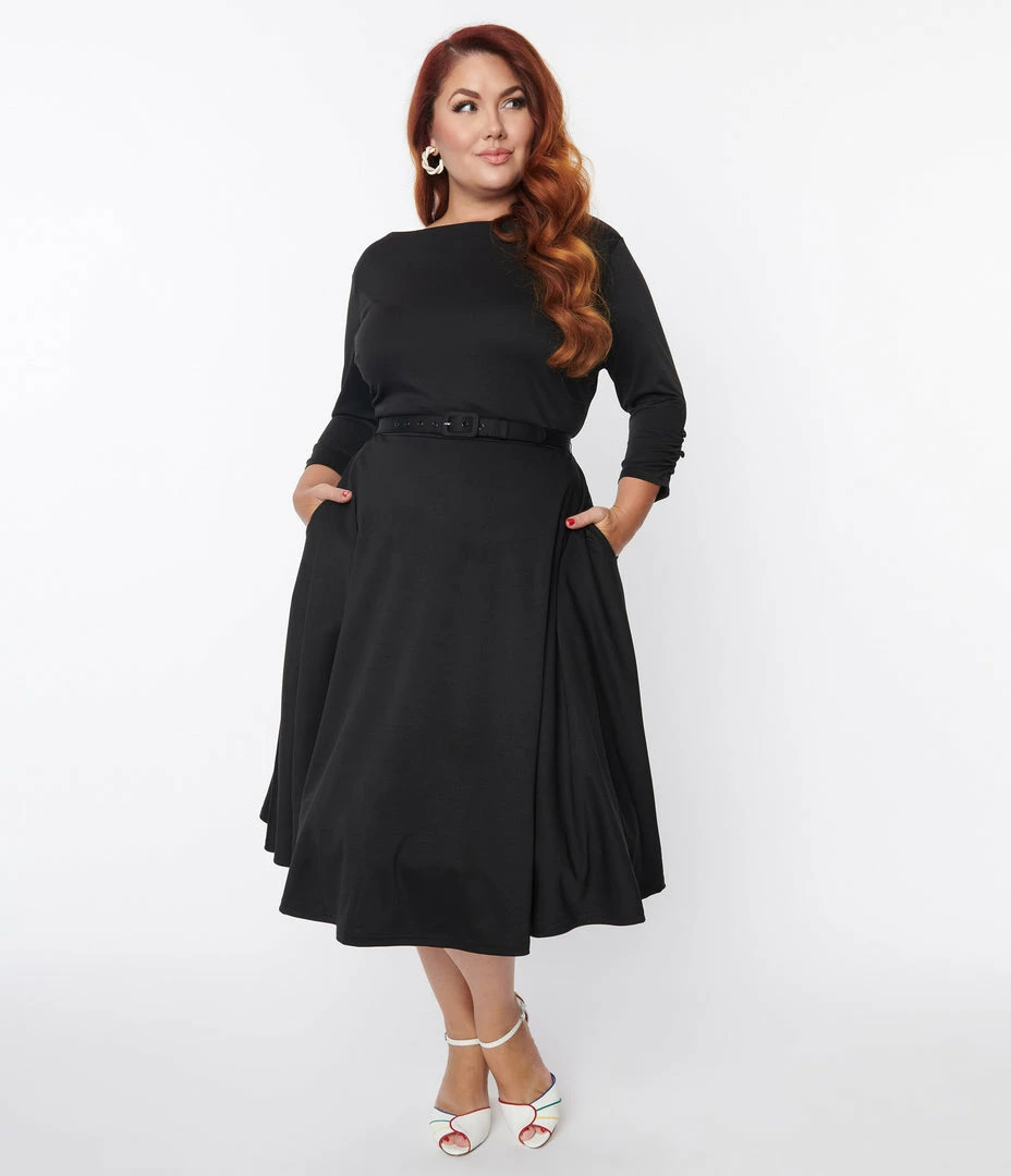 Unique Vintage Plus Size Black Knit Devon Swing Dress Clothing