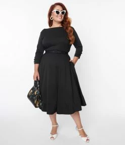 Unique Vintage Plus Size Black Knit Devon Swing Dress Clothing