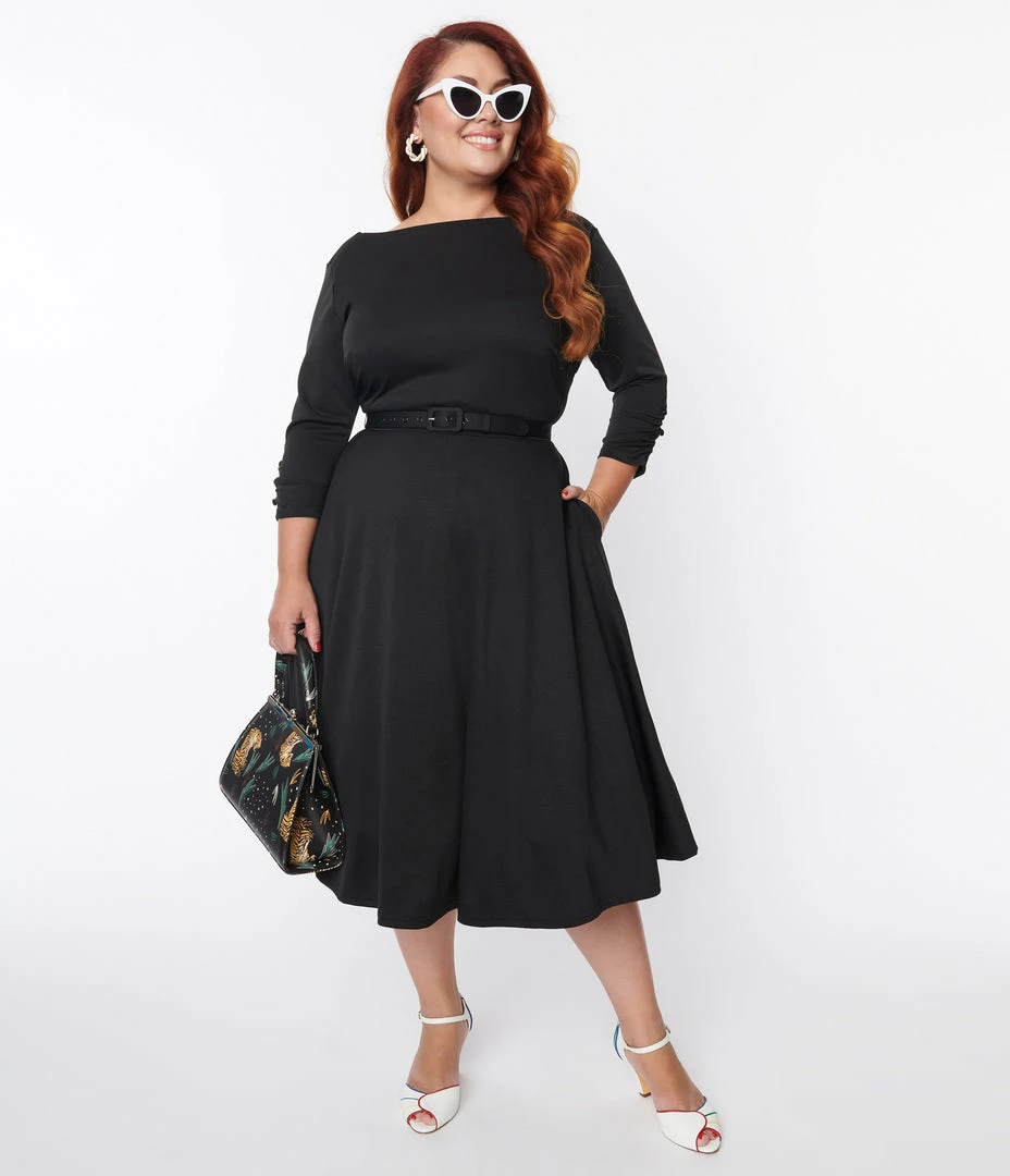 Unique Vintage Plus Size Black Knit Devon Swing Dress Clothing