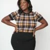 Unique Vintage Plus Size Brown & Black Plaid Short Sleeve Sweater Clothing