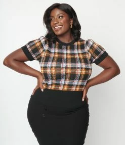 Unique Vintage Plus Size Brown & Black Plaid Short Sleeve Sweater Clothing