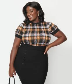 Unique Vintage Plus Size Brown & Black Plaid Short Sleeve Sweater Clothing